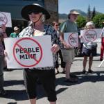 Judy Cavanaugh stands with others at a rally against the Pebble Mine in front of Sen. Lisa Murkowskis Juneau office on Tuesday, June 25, 2019. (Michael Penn / Juneau Empire File)