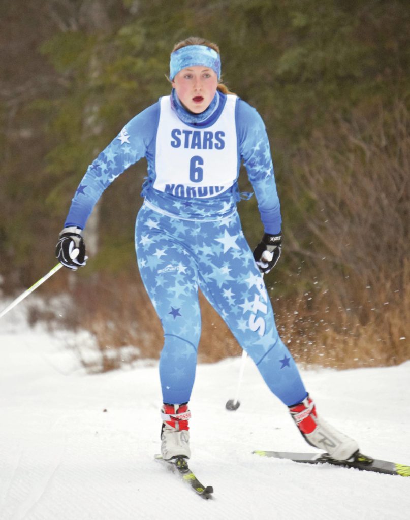 Soldotnas Katie Delker takes second place in the girls race at the Soldotna Invite on Saturday, Jan. 23, 2021, at Tsalteshi Trails just outside of Soldotna, Alaska. (Photo by Jeff Helminiak/Peninsula Clarion)