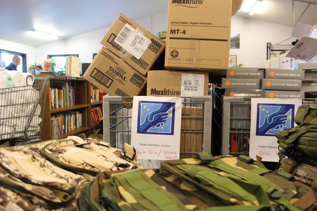 Backpacks and materials that will be distributed at the upcoming Project Homeless Connect Even are seen here at Love, INC. in Soldotna, Alaska on Jan. 22, 2021. (Photo by Brian Mazurek/Peninsula Clarion)
