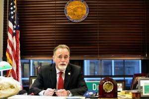 Senate President Peter Micciche, R-Soldotna, spoke with the Empire in his office at the Capitol on Friday, Jan. 22, 2021. He said he was hopeful about finding a path forward for the state and that he wanted better communication between the Legislature and the public. (Peter Segall / Juneau Empire)
