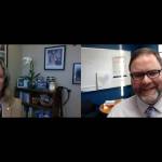 Pegge Erkeneff (left) virtually interviews Dr. Clayton Holland (right) on Monday, Jan. 25, 2021. (screenshot)