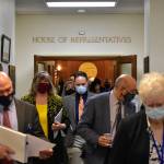 Members of the House of Representatives leave the chamber Wednesday, Feb. 3,. after failing to elect a temporary speaker, part of a deadlock that was broken Thursday, when Rep. Josiah Patkotak was elected speaker pro tem. (Peter Segall / Juneau Empire)