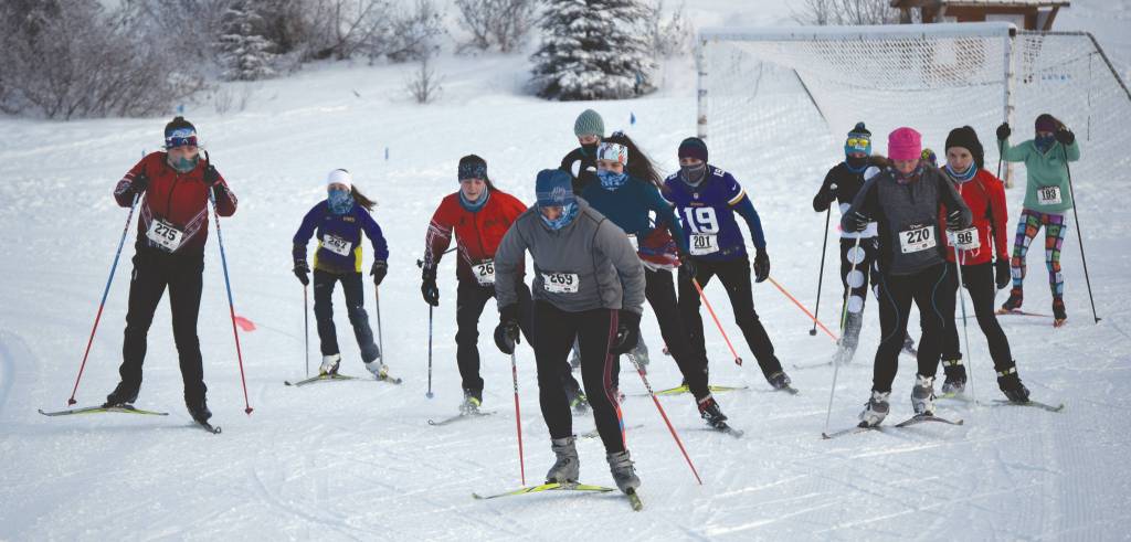 Kelli Boonstra leads the 17th Ski for Women on Sunday, Feb. 8, 2021, at Tsalteshi Trails just outside of Soldotna, Alaska. Boonstra would go on to win the race. (Photo by Jeff Helminiak/Peninsula Clarion)