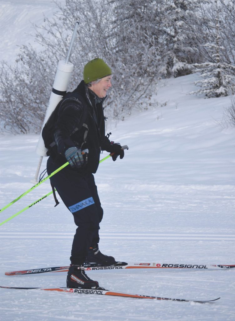 Kristin Mitchell skis in a COVID vaccine costume at the 17th Ski for Women on Sunday, Feb. 7, 2021, at Tsalteshi Trails just outside of Soldotna, Alaska. (Photo by Jeff Helminiak/Peninsula Clarion)