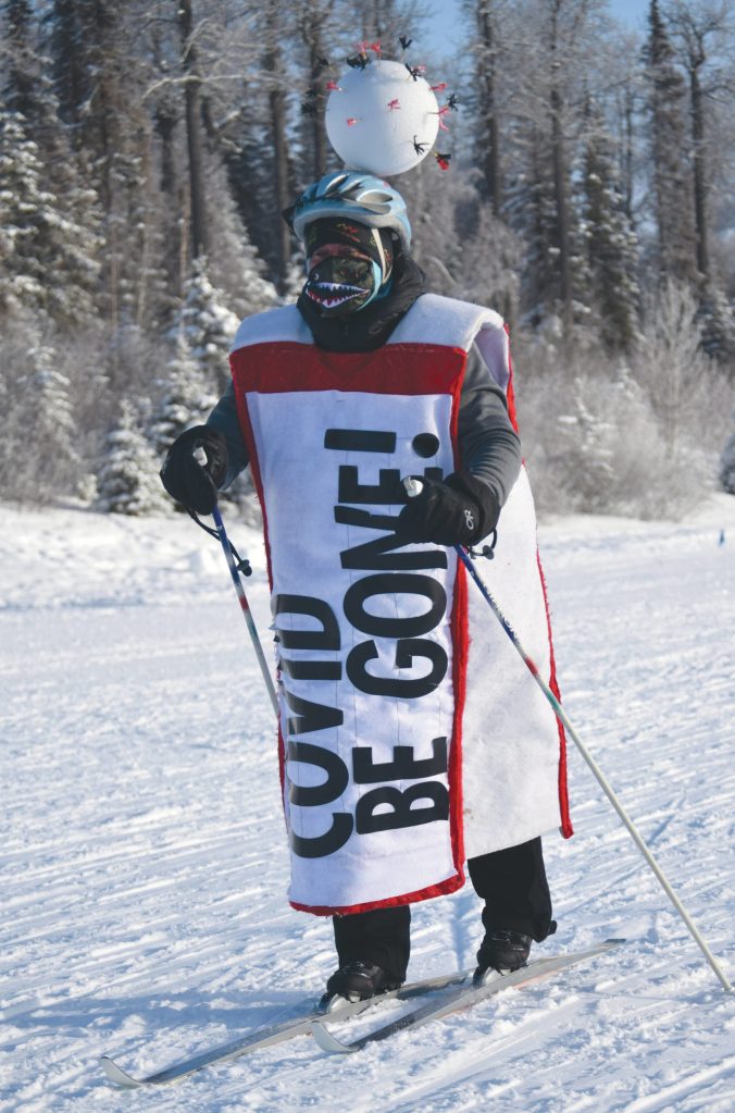 Carmen Stephl shows off her costume at the 17th Ski for Women on Sunday, Feb. 7, 2021, at Tsalteshi Trails just outside of Soldotna, Alaska. (Photo by Jeff Helminiak/Peninsula Clarion)