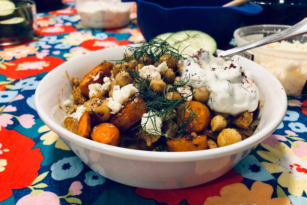 A Greek and Moroccan-inspired grain bowl made with elements of my favorite foods and flavors, photgraphed on Feb. 3, 2021, in Anchorage, Alaska. (Photo by Victoria Petersen/Peninsula Clarion)