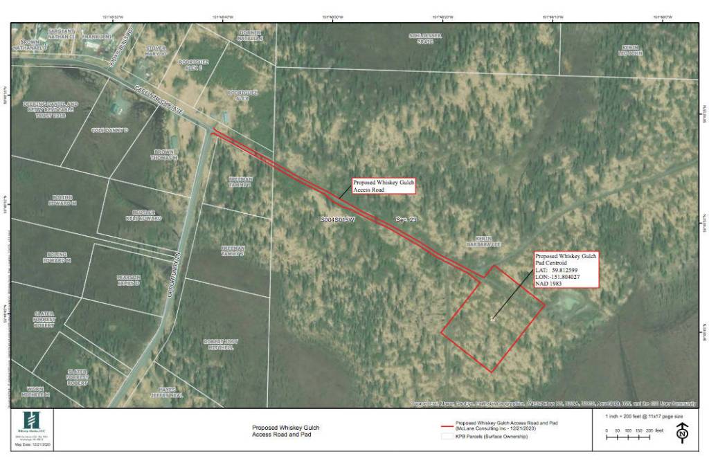 This map shows a proposed road and gravel pad that are part of Hilcorp Alaskas application to drill gas exploration wells near Anchor Point, Alaska. (Image courtesy Alaska Department of Natural Resources, Division of Oil and Gas)