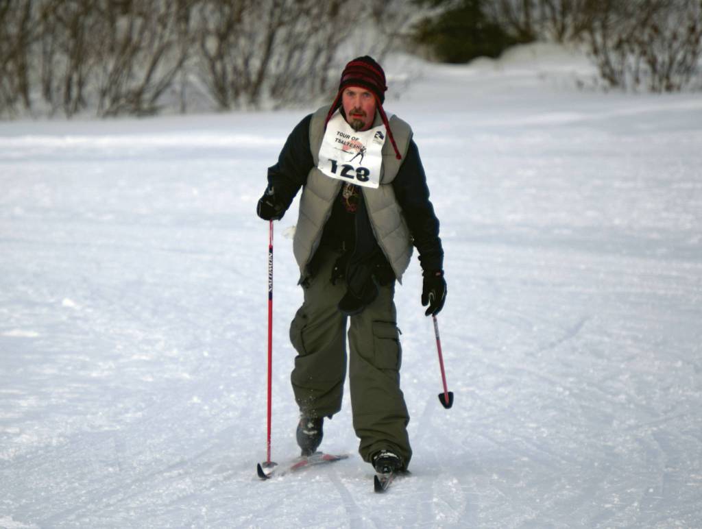 Tim Millings nears the finish of the 20-kilometer classic race at the Tour of Tsalteshi on Sunday, Feb. 21, 2021, at Tsalteshi Trails just outside of Soldotna, Alaska. (Photo by Jeff Helminiak/Peninsula Clarion)