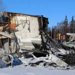 Triumvirate Theatre is pictured on Monday, Feb. 22, 2021 in Nikiski, Alaska. The building burned in a fire on Feb. 20. (Ashlyn OHara/Peninsula Clarion)