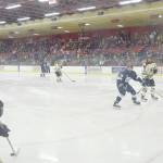 Jeff Helminiak/Peninsula Clarion
Kenai River Brown Bears defenseman Shayne Monahan controls the puck early in the third period as 1,113 fans watch Friday, March 24, 2017, at the Soldotna Regional Sports Complex.