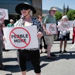 Judy Cavanaugh stands with others at a rally against the Pebble Mine in front of Sen. Lisa Murkowskis Juneau office in June 2019. The Army Corps of Engineers has accepted a request for administrative appeal filed by Pebble Limited Partnership. A similar effort by the state was reject, Gov. Mike Dunleavy said in a news release. (Michael Penn / Juneau Empire File)