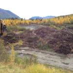 A slash pile containing non-organic construction debris is seen at the Snug Harbor Slash Disposal site on Sept. 22, 2020 in Cooper Landing, Alaska. (Photo courtesy Kenai Peninsula Borough Lang Management)