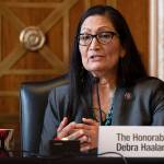 Jim Watson / Pool via AP
In this Feb. 23 file photo Interior Secretary nominee Rep. Deb Haaland, D-N.M., speaks during her confirmation hearing on Capitol Hill on Feb. 23.