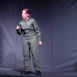 AnnMarie Rudstrom portrays The Pilot during a rehearsal of "Grounded" at the Kenai Performers' black box theater on Monday, March 15 in Soldotna, Alaska. (Ashlyn O'Hara/Peninsula Clarion)