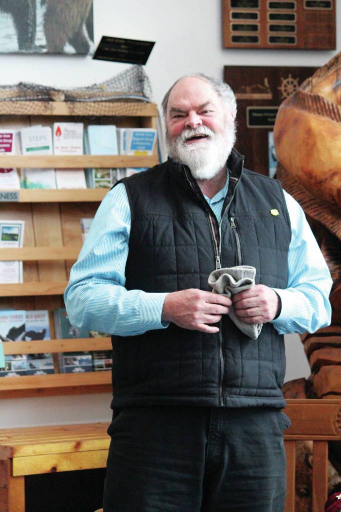 Homer Mayor Ken Castner speaks at an award ceremony for local senior advocate and volunteer Nona Safra on Wednesday, March 10, 2021 at the Homer Chamber of Commerce & Visitor Center in Homer, Alaska. (Photo by Megan Pacer/Homer News)