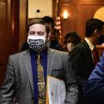 Rep. Chris Kurka, R-Wasilla, leaves the chambers of the Alaska House of Representatives on Friday, March 19, 2021, after an hour of delays concerning the wording on his mask. (Peter Segall / Juneau Empire)