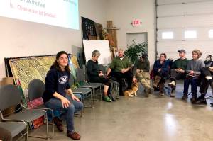 Kaitlin Vadla, Kenai regional director of Cook Inletkeeper, facilitates the final community Drawdown: Climate Series event, Tuesday, Oct. 15, 2019, near Soldotna, Alaska. (Photo by Victoria Petersen/Peninsula Clarion)
