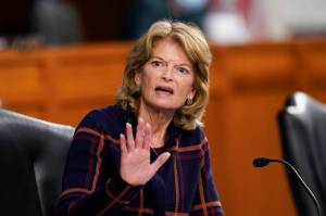 Sen. Lisa Murkowski, R-Alaska, speaks during a Senate Health, Education, Labor and Pensions Committee hearing on the federal coronavirus response on Capitol Hill in Washington, Thursday, March 18, 2021. (AP Photo/Susan Walsh, Pool)