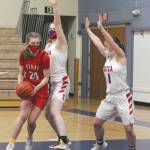 Kenai Centrals Erin Koziczkowski posts up on Sitka on Thursday, March 25, 2021, at the Class 3A girls state tournament at Palmer Middle School in Palmer, Alaska. (Photo by Tim Rockey/Frontiersman)