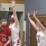 Kenai Central's Erin Koziczkowski posts up on Sitka on Thursday, March 25, 2021, at the Class 3A girls state tournament at Palmer Middle School in Palmer, Alaska. (Photo by Tim Rockey/Frontiersman)