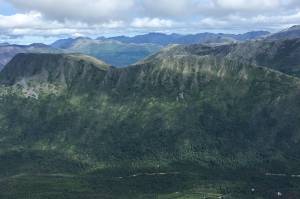 An area cleared for the Cooper Landing Bypass Project can be seen below Slaughter Ridge in Cooper Landing, Alaska, on July 18, 2020. (Jeff Helminiak/Peninsula Clarion)