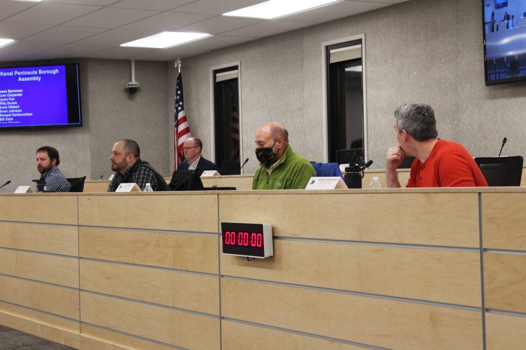 Members of the Kenai Peninsula Borough Assembly meet on Tuesday, Jan. 5, 2021, in Soldotna, Alaska. (Ashlyn OHara/Peninsula Clarion)