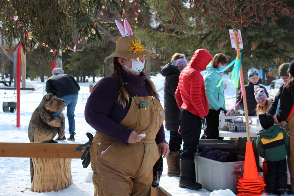 Charlotte Thurman dresses up as a rabbit at an Easter event at Kenai Municipal Park on Friday, April 2, 2021 in Kenai, Alaska. (Ashlyn OHara/Peninsula Clarion)
