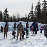 Children look for Easter eggs at Kenai Municipal Park on Friday, April 2, 2021 in Kenai, Alaska. (Ashlyn OHara/Peninsula Clarion)
