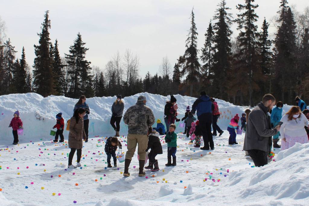 Children look for Easter eggs at Kenai Municipal Park on Friday, April 2, 2021 in Kenai, Alaska. (Ashlyn OHara/Peninsula Clarion)