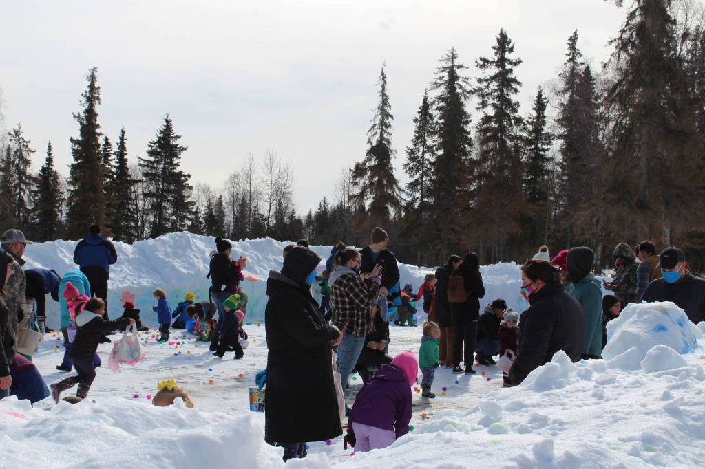 Children look for Easter eggs at Kenai Municipal Park on Friday, April 2, 2021 in Kenai, Alaska. (Ashlyn OHara/Peninsula Clarion)