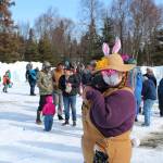 Kenai Parks and Recreation Laborer Charlotte Thurman dresses up as a rabbit at an Easter event at Kenai Municipal Park on Friday, April 2, 2021 in Kenai, Alaska. (Ashlyn OHara/Peninsula Clarion)