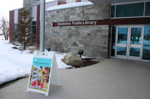 The entrance to Soldotna Public Library is seen on Thursday, March 25, 2021 in Soldotna, Alaska. (Ashlyn OHara/Peninsula Clarion)
