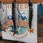 The top-five fish in the 2021 Homer Winter King Salmon Tournament winner are displayed at the awards ceremony on Saturday, April 17, 2021, on the Homer Spit in Homer, Alaska. (Photo by Michael Armstrong/Homer News)