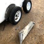 A trailer tire, after the tread and fender ripped off along the Alaska Highway, on July 15, 2020. (Photo by Camille Botello/Peninsula Clarion)