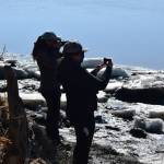 Madison Kosma (left) and Suzanne Steinert watch as beluga whales swim up the Kenai River at Cunningham Park on Saturday, April 24, 2021. (Photo by Camille Botello/Peninsula Clarion)