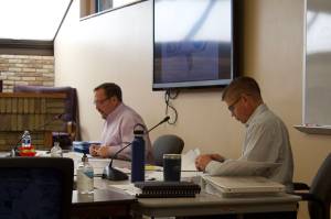 Terry Eubank (left) and Paul Ostrander address the Kenai City Council during a budget work session on Saturday, April 24, 2021 in Kenai, Alaska. (Ashlyn OHara/Peninsula Clarion)