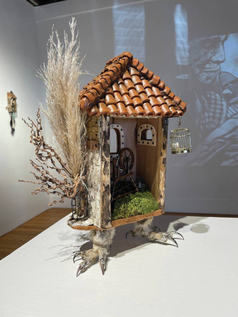 Artist Emily Schuberts The House of Spinning Dreams, balanced on two bird feet, incorporates numerous techniques including taxidermy, as seen here on Saturday, April 17, 2021, at Bunnell Street Arts Center in Homer, Alaska. (Photo by McKibben Jackinsky.)