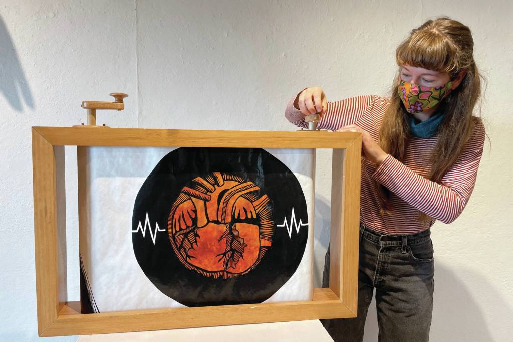A crankie provides settings for artist Emily Schubert's puppetry, as seen here on Saturday, April 17, 2021, at Bunnell Street Arts Center in Homer, Alaska. (Photo by McKibben Jackinsky.). Photo by McKibben Jackinsky.