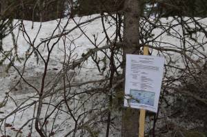 A sign indicates the future site of the Kenai Peninsula Peace Crane Garden Trails on Marydale Avenue on Wednesday, April 14, 2021 in Soldotna, Alaska. (Ashlyn OHara/Peninsula Clarion)