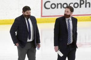 Kevin Murdock (left) takes to the ice Friday, April 23, 2021, against the Chippewa (Wisconsin) Steel. Murdock has resigned as head coach of the Kenai River Brown Bears. (Photo by Jeff Helminiak/Peninsula Clarion)