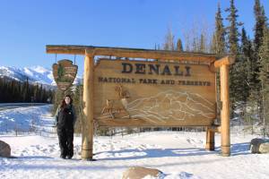 This is me standing in front of the Denali National Park and Preserve sign on Saturday, March 20, 2021. (Ashlyn OHara/Peninsula Clarion)