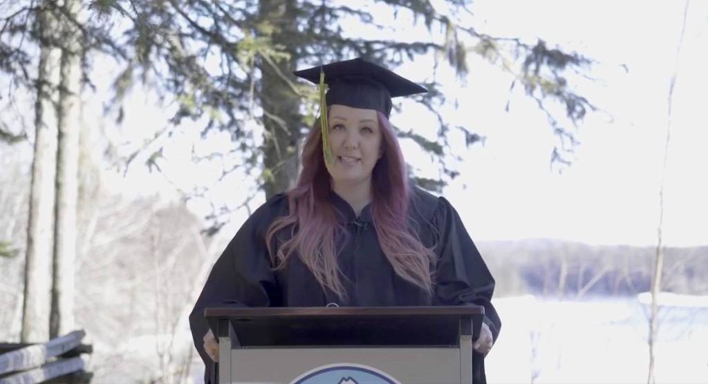 Kenai River Campus Valedictorian speaks during Kenai Peninsula Colleges virtual commencement ceremony on Thursday, May 6, 2021. (Screenshot)