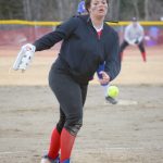 Kenai Centrals Kyana Griskevich pitches to Kodiak on Friday, May 7, 2021, in Kenai, Alaska. (Photo by Jeff Helminiak/Peninsula Clarion)