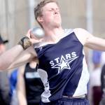 Soldotnas Dylan Dahlgren makes a throw in the shot put during the first day of the Palmer Invitational on Friday, May 7, 2021 at Palmer High School in Palmer, Alaska. (Photo by Jeremiah Bartz/Frontiersman)
