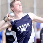 Soldotna’s Dylan Dahlgren makes a throw in the shot put during the first day of the Palmer Invitational on Friday, May 7, 2021 at Palmer High School in Palmer, Alaska. (Photo by Jeremiah Bartz/Frontiersman)