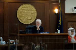 Alaska House Speaker Louise Stutes, a Kodiak Republican, looks out on the floor of the Alaska House on Monday, May 10, 2021, in Juneau, Alaska. The Alaska House on Monday resumed debate on a version of the state operating budget. (AP Photo/Becky Bohrer, Pool)
