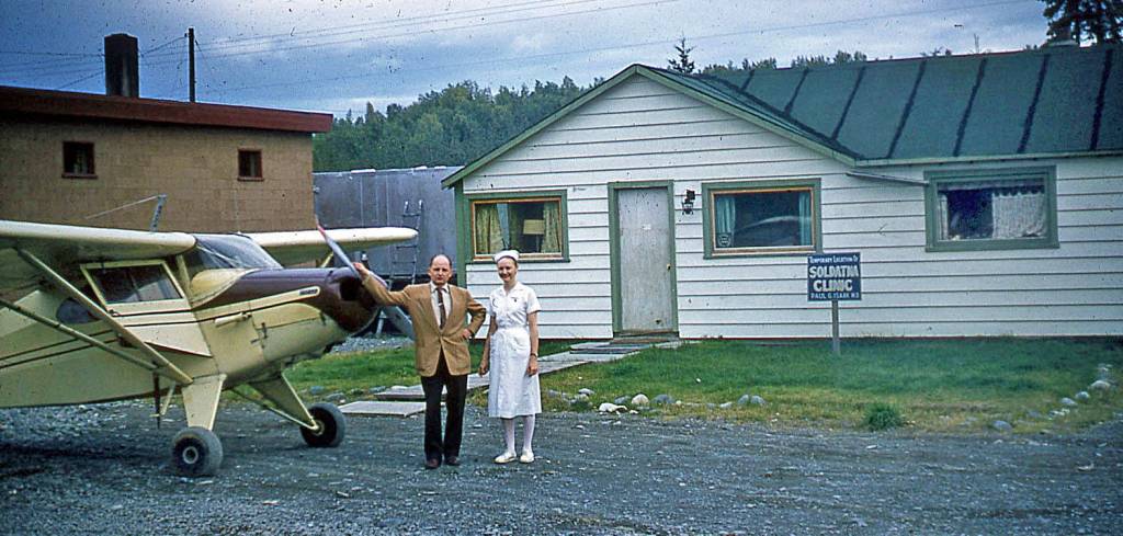 When Dr. Paul Isaak began providing medical service to the Soldotna-Kenai area, his Soldotna Clinic was located near the current site of the Soldotna Fire Department. Here he stands with his airplane and his nurse, Elizabeth Meadows. (Photo courtesy of the Isaak family)