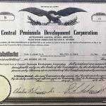 (Photo of certificate provided by Peninsula General Hospital)
Selling shares in the hospital-construction efforts was one of the many attempts to raise funds for the project. This certificate for 101 shares in the Central Peninsula Development Corporation was owned by Paul and Amy Isaak.