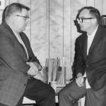 Photo courtesy of Gloria Wisecarver
Dr. Robert Struthers, Kenais third resident physician, and Kenai dentist Dr. Charles Bailie converse in Struthers office in Kenai in July 1966.