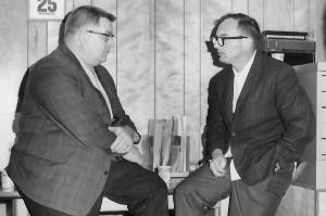 Photo courtesy of Gloria Wisecarver
Dr. Robert Struthers, Kenais third resident physician, and Kenai dentist Dr. Charles Bailie converse in Struthers office in Kenai in July 1966.